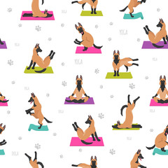 Yoga dogs poses and exercises poster design. Belgian malinois seamless pattern