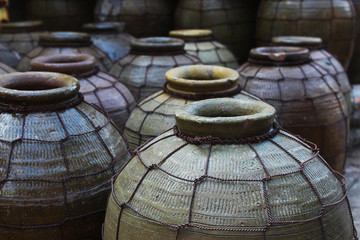 Many clay jars decorated at a flea market in Bangkok