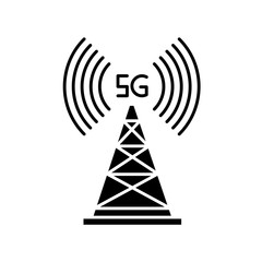 5G cell tower black glyph icon. Wireless technology. Fast connection. Mobile cellular network coverage. Telecommunications antenna. Silhouette symbol on white space. Vector isolated illustration