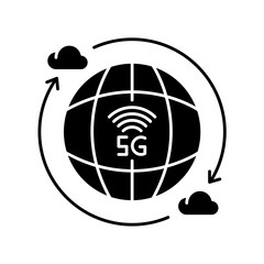 Naklejka premium 5G wireless technology black glyph icon. Global standard. Cloud computing. Mobile cellular network coverage. Silhouette symbol on white space. Vector isolated illustration