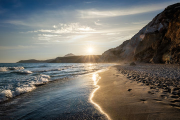 Fototapeta na wymiar Fyriplaka beach on sunset, Milos island, Cyclades, Greece