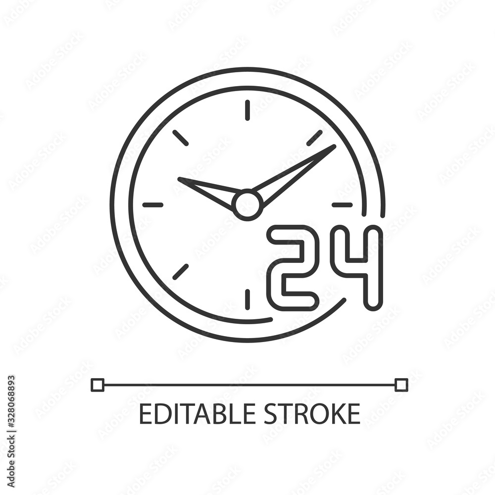Poster around the clock service pixel perfect linear icon. 24 7 hour support. circle watch dial badge. thin