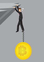 Businessman pulling down by bitcoin on a cliff.
