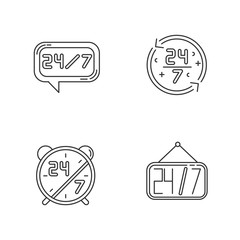 24 7 hour service pixel perfect linear icons set. Online all day customer support. 24 hrs call center. Customizable thin line contour symbols. Isolated vector outline illustrations. Editable stroke