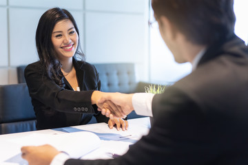 HR manager interviewing female candidate applicant who recruit job in the office.