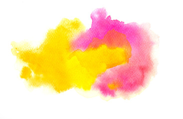 Colorful watercolor texture background. Pink yellow color paint stain splash water on white paper