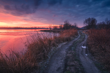 Road during beautiful dawn on the Vistula near Konstancin-Jeziorna, Poland