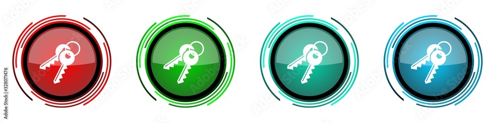 Aufkleber Keys round glossy vector icons, set of buttons for webdesign, internet and mobile phone applications in four colors options isolated on white background