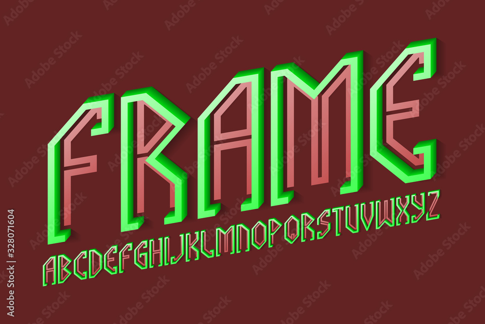 Fototapete frame alphabet of green red letters of flat and volumetric parts. 3d display oblique font. isolated 
