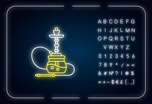 Hookah neon light icon. Sheesha house. Party object. Nargile lounge. Odor from pipe. Smoking area. Outer glowing effect. Sign with alphabet, numbers and symbols. Vector isolated RGB color illustration
