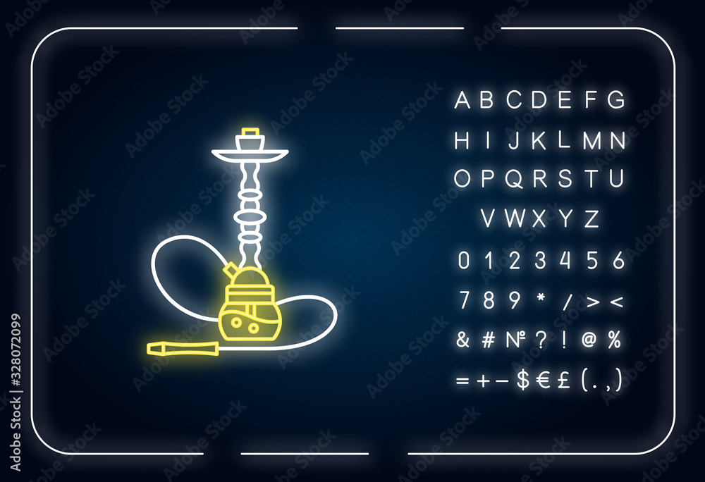 Poster hookah neon light icon. sheesha house. object to inhale nicotine. nargile lounge. odor from pipe. ou