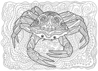 Fototapeta premium Antistress coloring page for adults with sea crab. Black white hand drawn vector doodle of oceanic animal for coloring.