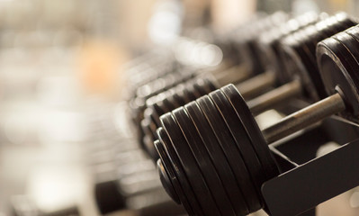 Dumbbells on stand in sports club, copy space