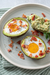 Avocado Egg Boats with bacon. Low carb high fat breakfast