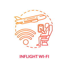 Inflight wifi red concept icon. Roamer during flight. Airplane service. Internet onboard. Wireless coverage. Roaming idea thin line illustration. Vector isolated outline RGB color drawing