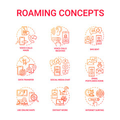 Roaming red concept icons set. Surfing network. Data transfer. Incoming voice calls. Distant work. Internet connection idea thin line RGB color illustrations. Vector isolated outline drawings