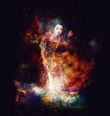 Obraz na płótnie Canvas Woman with sword in beautiful cosmic space.