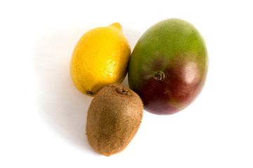 fresh fruits, lemon, kiwi, mango isolated on a white background	