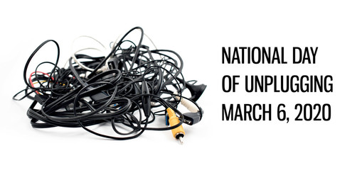 National Day of Unplugging. Digital detox from technology. Tangle of cables on a white background. Plastic electronic waste images. Pile of cables and connectors images. Important day