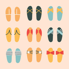 Set of fashionable beautiful women's flip flops.Summer shoes for the beach or pool.Holidays at sea and in hot countries .Flat vector illustration isolated on white background