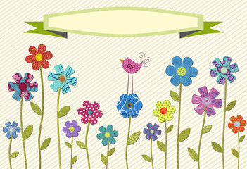 Greeting card with flowers in patchwork style and banner for text. Vector