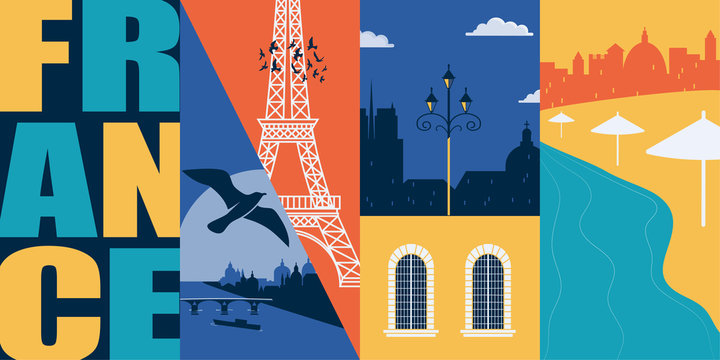 France vector banner, illustration. City skyline, historical buildings in modern flat design style