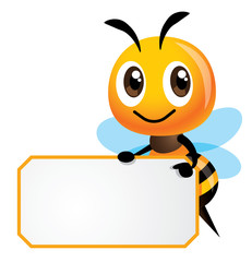 Cartoon cute happy bee is holding a white empty signboard with yellow stripe - vector character