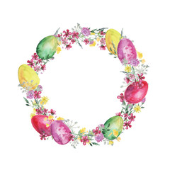 Watercolor wreath with spring flowers and multicolored Easter eggs. Happy Easter greeting card. 