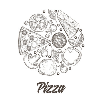 Pizza, basil, cheese, champignons, tomatoes, mozzarella, paprika. Italian cuisine.