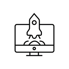 Rocket start to air from laptop monitor, line sign, icon vector