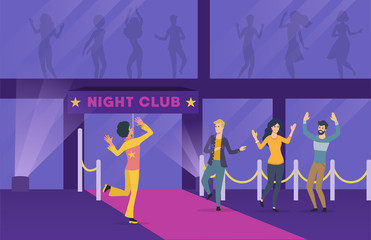 Group of young people dancing near a nightclub in a colorful vector illustration