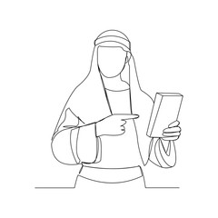 Continuous line drawing of arabic man holding holy quran book. Ramadan kareem and ied mubarak greeting card single line art concept. Vector illustration.