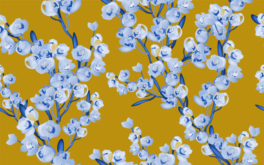 Obraz premium Delicate pink flowers on a tree branch, petals and inflorescences on a white background seamless pattern.