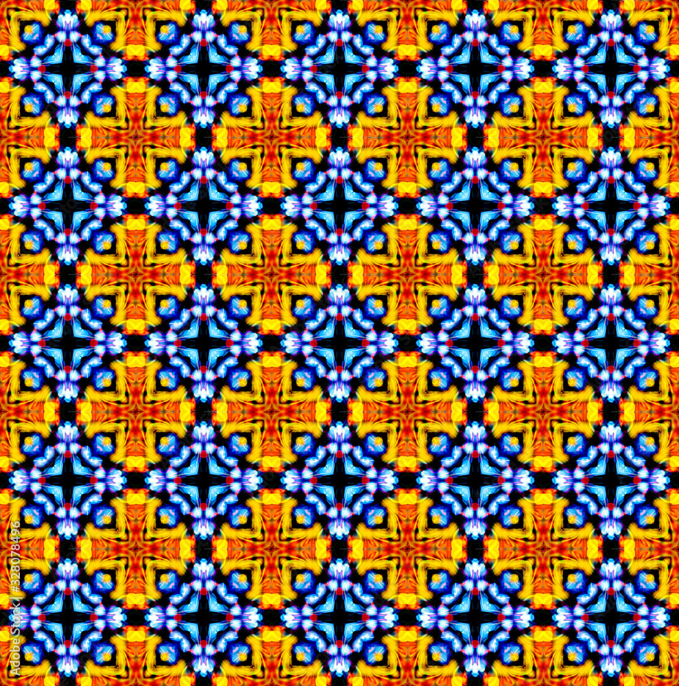 Poster pattern mandala kaleidoscope abstract geometric colorful seamless background . cross repeated square
