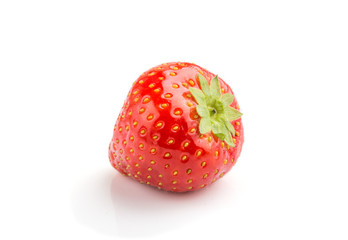 single red strawberry isolated on white background. side view.