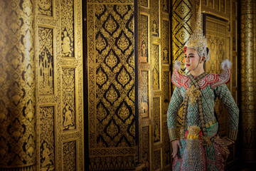 Fototapeta premium Art culture Thailand Dancing in masked khon Benjakaj and Hanuman in literature amayana,thailand culture Khon,Thailand .