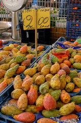 Prickly pears for sale in a fruit and vegetable market in Italy at the price of 2 € per kg