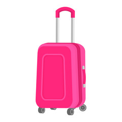 Pink suitcase on wheels. Large travel bag with a metal long handle and two short handles. Vector isolated flat icon on a white background.