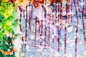 Surface texture with splashes of paint and with paint running down on a cracked surface structure of a concrete wall. For abstract backgrounds.