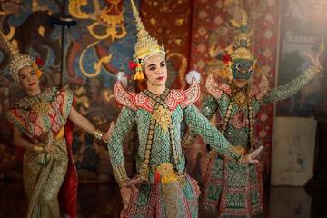 Art culture Thailand Dancing in masked khon in literature ramayana,thailand culture Khon,Vintage stlye,Thailand .