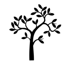 Black Tree and Leaves. Vector outline Illustration.