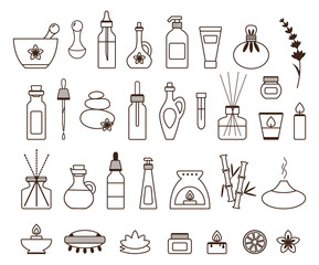 Aromatherapy icon set with essential oil bottle