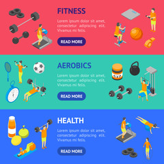 Fitness Club Concept Banner Horizontal Set 3d Isometric View. Vector
