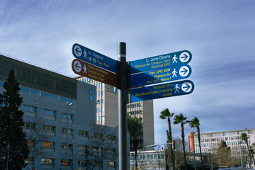BARCELONA, SPAIN - 20.02.2020:Landmarks sign with directions on the street in Barcelona city.