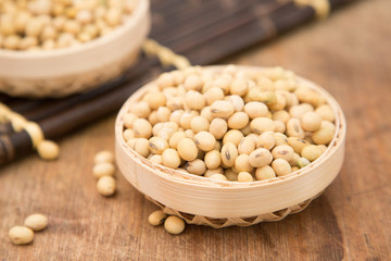 A pile of soybeans in a bamboo basket