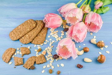 oatmeal cookies. Festive flower background for Mother 's Day or another holiday.