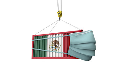 Mexico flag cargo shipping container with protective mask. 3D Render