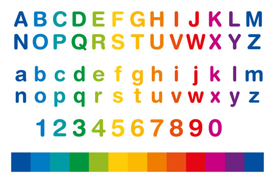 Rainbow colored alphabet and numbers in a row. Standard set of letters from A to Z in upper and lower case, also the ten numbers from one to zero. Isolated illustration on white background. Vector.