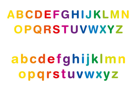 Rainbow colored alphabet, upper and lower case, in a row. Multi colored standard set of letters from A to Z. Isolated illustration on white background. Vector.