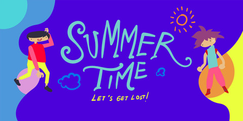 summer holiday season banner illustration kids doodle drawing style. 